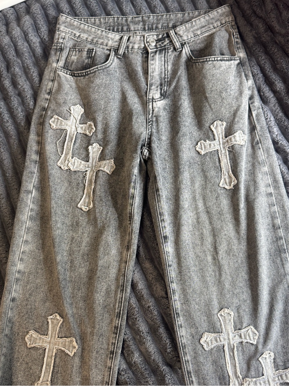 ROMWE Gray Acid Wash Jeans with Cross Stitch Details